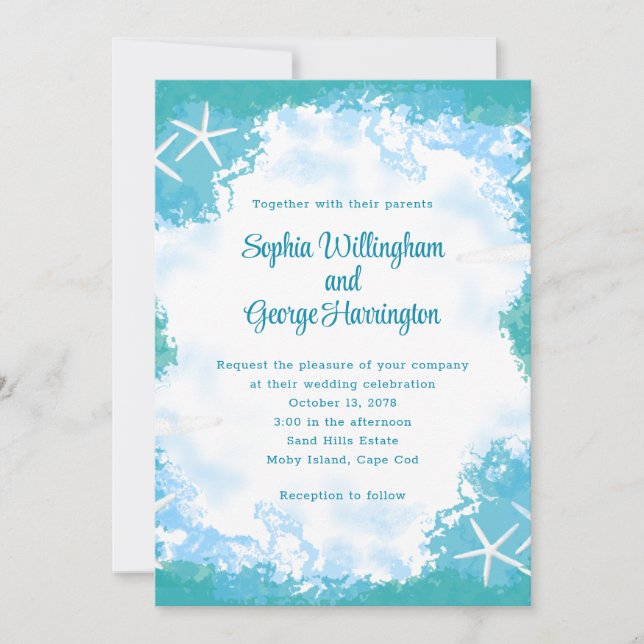 Undersea Stars Tropical Aqua Wedding Invitation (Front)