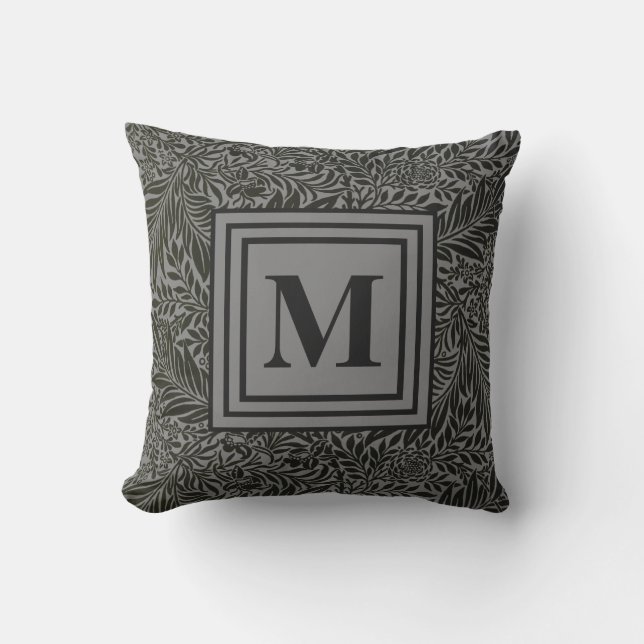 Understated Dark Grey Botanical Pattern Monogram Outdoor Pillow (Front)