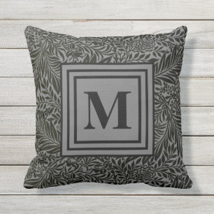 Understated Dark Grey Botanical Pattern Monogram Outdoor Pillow