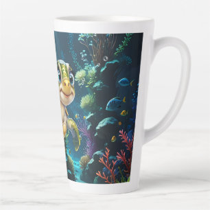 Underwater adventures with the cheerful turtle. latte mug
