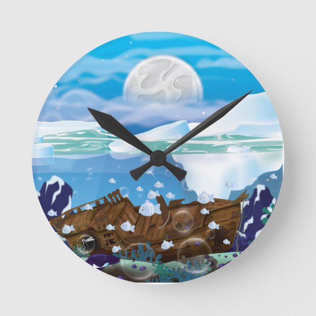 Underwater Arctic Shipwreck Round Clock (Front)