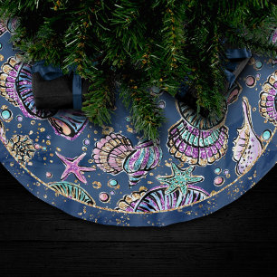 Underwater Blue Luxe   Pastel Gold Seashells Brushed Polyester Tree Skirt