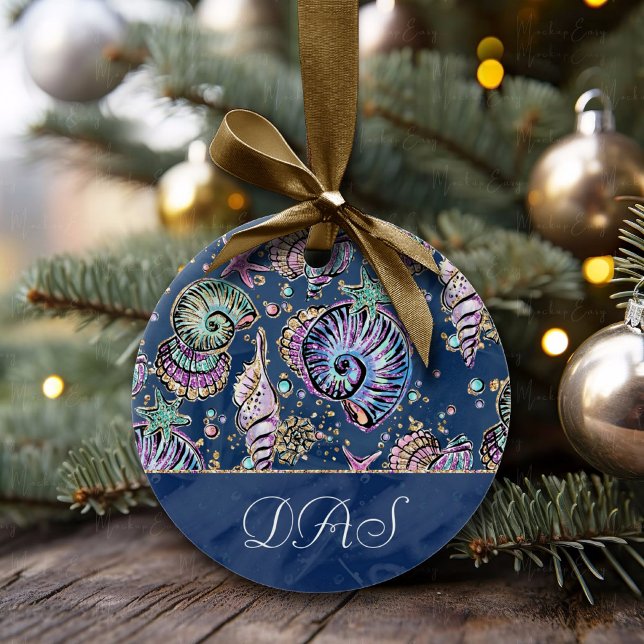 Underwater Blue Luxe | Pastel Gold Seashells Ceramic Ornament (Creator Uploaded)