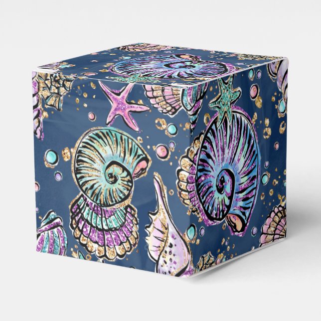 Underwater Blue Luxe | Pastel Gold Seashells Favor Box (Front Side)