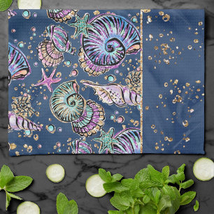Underwater Blue Luxe Pastel Gold Seashells Kitchen Towel