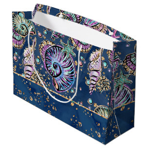 Underwater Blue Luxe   Pastel Gold Seashells Large Gift Bag