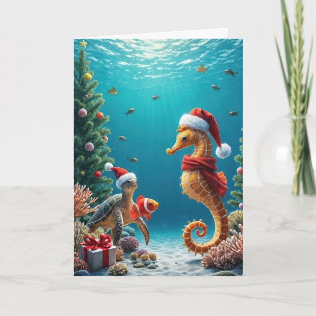 Underwater Christmas Seahorse and Sea Turtle Card (Front)