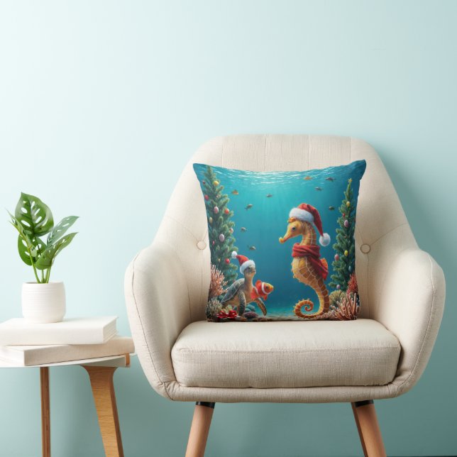 Underwater Christmas Seahorse and Sea Turtle Throw Pillow (Chair)