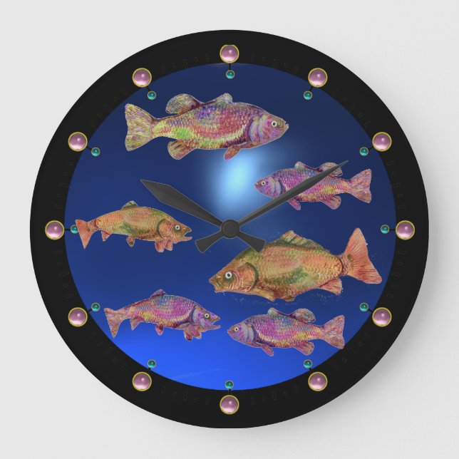 UNDERWATER / COLORFUL RAINBOW TROUTS Blue Large Clock (Front)
