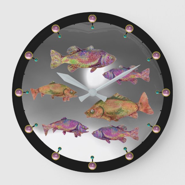 UNDERWATER,COLORFUL RAINBOW TROUTS White Pink Gem Large Clock (Front)
