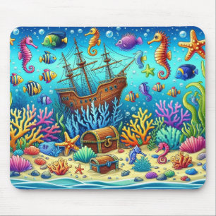 Underwater Coral Reef, Sealife and Treasure chest Mouse Pad