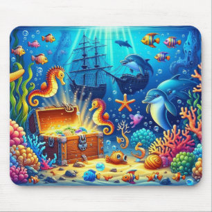 Underwater Coral Reef, Sealife and Treasure chest Mouse Pad
