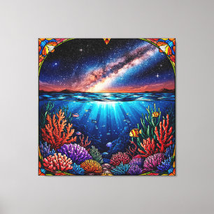 Underwater Corals with Starry Sky Above Canvas Print