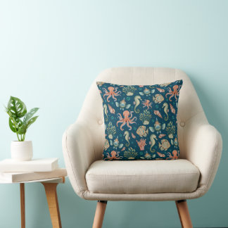 Underwater Creatures Blue Pattern Throw Pillow