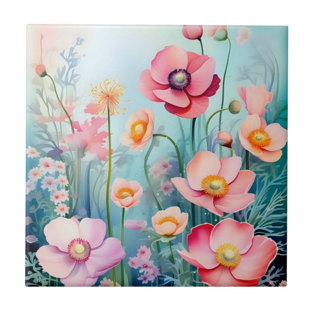 Underwater Elegant Watercolor Anemones Tile (Front)