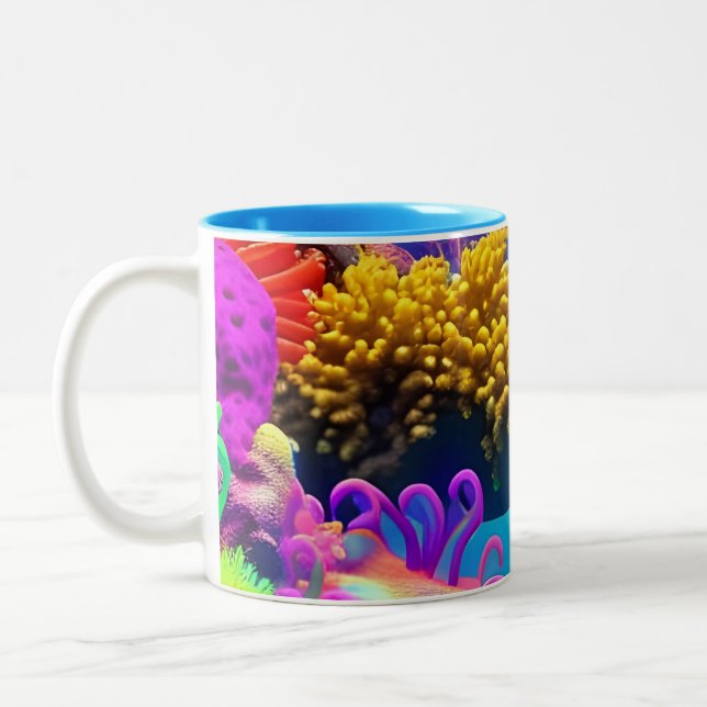Underwater Fluorescent Coral Reef Drawing Two-Tone Coffee Mug (Left)