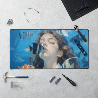 Underwater Girl & Tropical Fish Oil Painting Desk  Mat