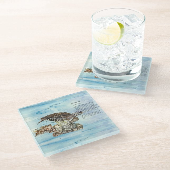 Underwater Hand-Painted Hawksbill Sea Turtle Glass Coaster (Angled)