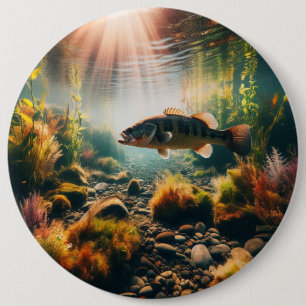 Underwater large mouth bass 6 inch round button