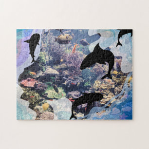 Underwater Life Corals, Shells, Fish Silhouettes Jigsaw Puzzle
