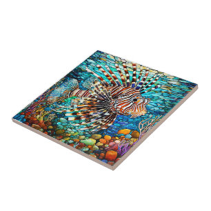 Underwater Lion fish Stained glass art Tile