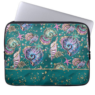 Underwater Luxe Teal Gorgeous Pastel Seashells Laptop Sleeve