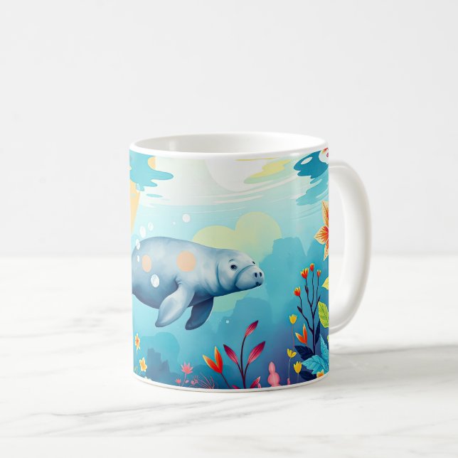 Underwater Manatee and Floral Fantasy Art Coffee Mug (Front Right)