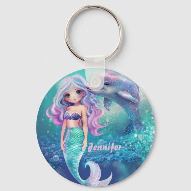 Underwater Mermaid and Dolphin  Keychain (Front)