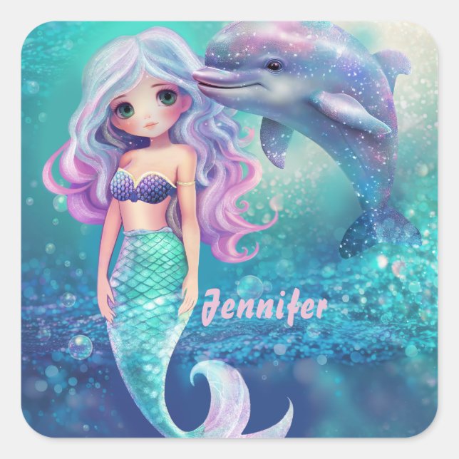 Underwater Mermaid and Dolphin  Square Sticker (Front)
