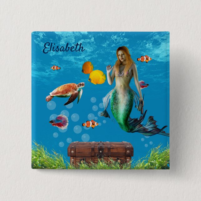 Underwater Mermaid Treasure Hunt Fantasy Blue 2 Inch Square Button (Front)