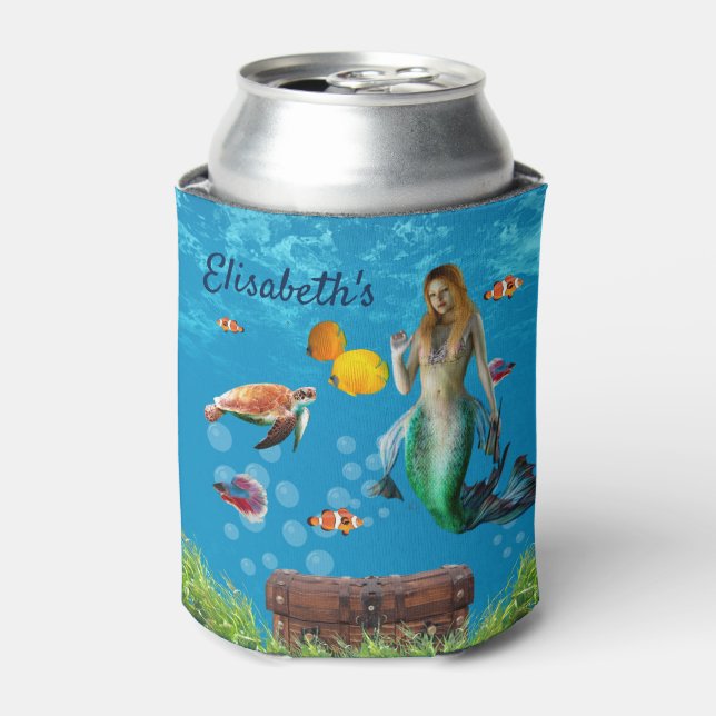 Underwater Mermaid Treasure Hunt Fantasy Blue Can Cooler (Can Front)