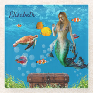 Underwater Mermaid Treasure Hunt Fantasy Blue Glass Coaster
