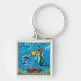 Underwater Mermaid Treasure Hunt Fantasy Blue Keychain