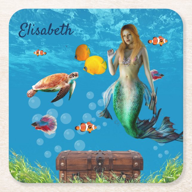 Underwater Mermaid Treasure Hunt Fantasy Blue Square Paper Coaster (Front)