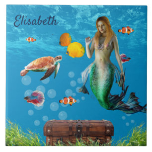 Underwater Mermaid Treasure Hunt Fantasy Blue Tile