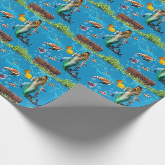 Underwater Mermaid Treasure Hunt Fantasy Blue Wrapping Paper (Corner)