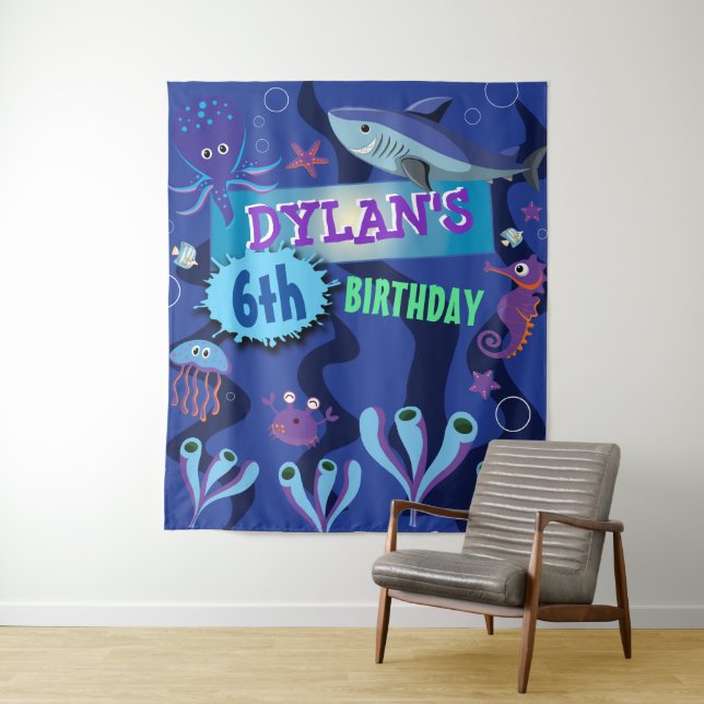 Underwater Ocean Birthday Party Photo-Op Backdrop Tapestry (In Situ)