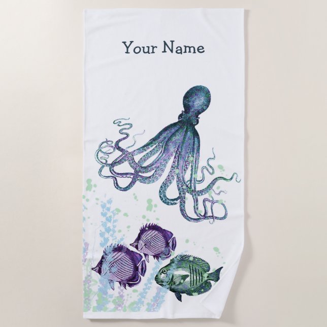 Underwater Octopus Fish Scene shades of blue Beach Towel (Front)