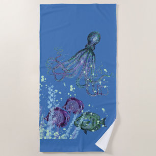 Underwater Octopus Fish Scene shades of blue Beach Towel