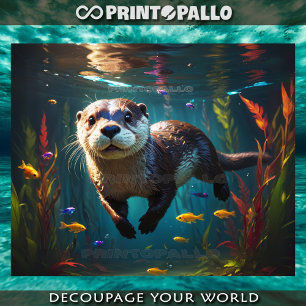 Underwater otter swimming with little fish tissue paper