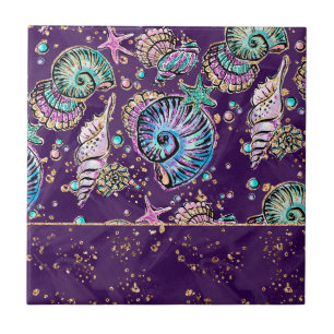 Underwater Purple Luxe Dark Pastel Gold Sea Life Tile