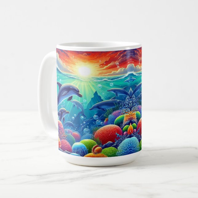 Underwater Scene With Dolphins Coffee Mug (Front Left)