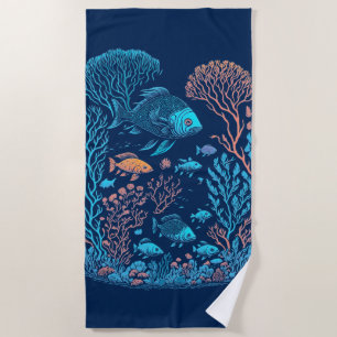 Underwater scenery  colourful fishes and coral ree beach towel