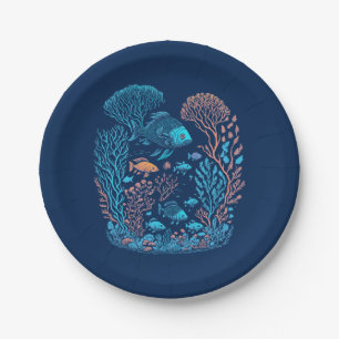 Underwater scenery  colourful fishes and coral ree paper plate