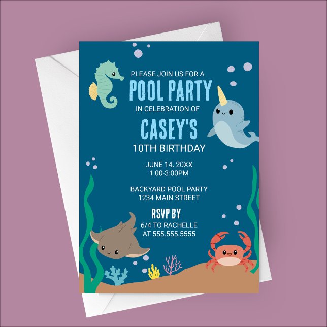 Underwater Sea Animals Pool Party Birthday Invitation (Under Water Ocean Themed Birthday Party Invitation)