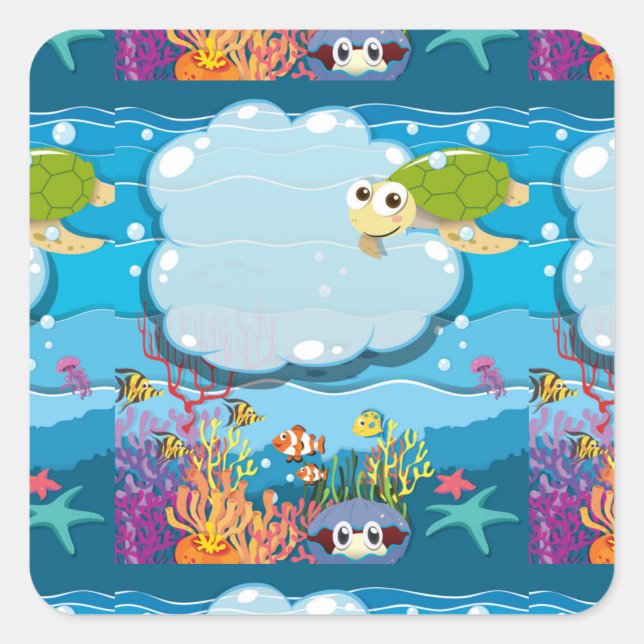 Underwater Sea Animals Sea Turtle Fish Sea Weed  Square Sticker (Front)