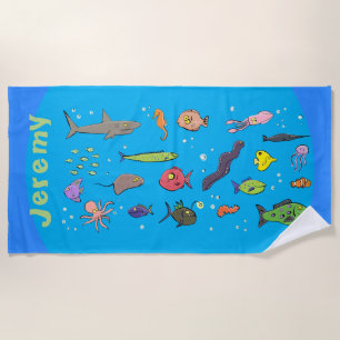 Underwater sea life funny cartoon beach towel
