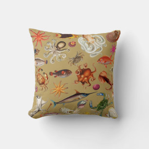 Underwater Sea Life Illustration Pattern Gold Throw Pillow
