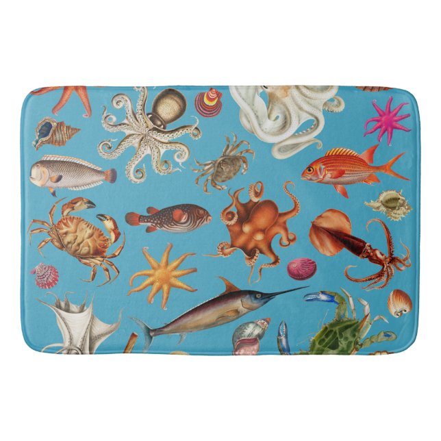 Underwater Sea Life Pattern Ocean Blue Bath Mat (Front)