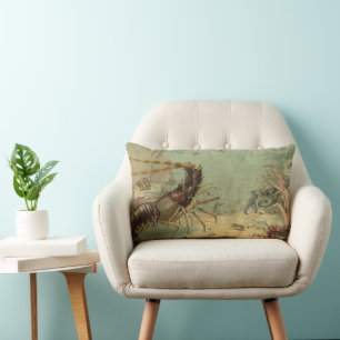 Underwater Sea Life Shrimp, Vintage Ocean Animals Lumbar Pillow